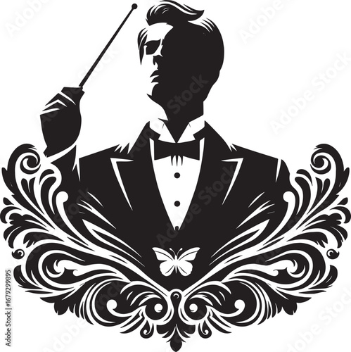 Elegant Silhouette of a Conductor Directing an Orchestra with Artistic Floral Elements