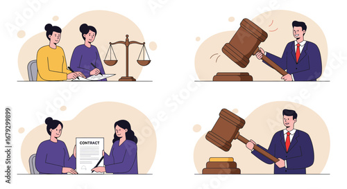 Legal proceedings illustration featuring contracts, balance scales and courtroom gavel