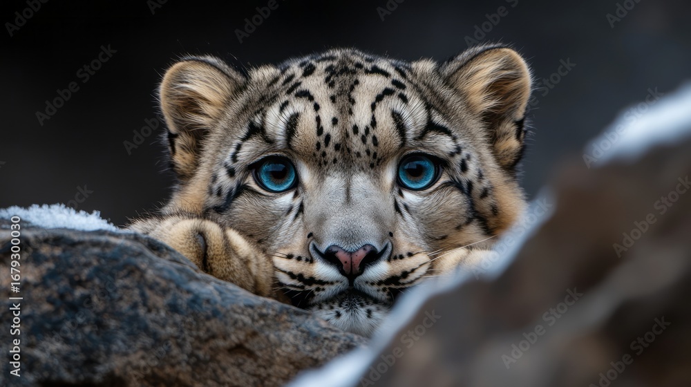 Fototapeta premium Snow Leopard with Striking Blue Eyes Lurking Behind Rocks in Snowy Mountain Setting