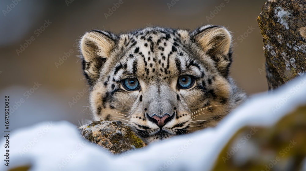 Obraz premium Snow Leopard Cub Peering Curiously from Behind Rocky Surface in Snowy Mountain Landscape