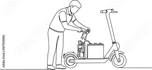 Continuous line drawing showcases a man repairing an electric sc