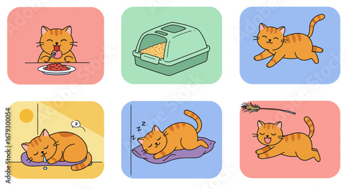 Collection of cartoon illustrations depicting a ginger cat in various activities