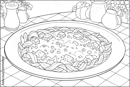 Detailed monochrome line art illustration of beef stroganoff pas