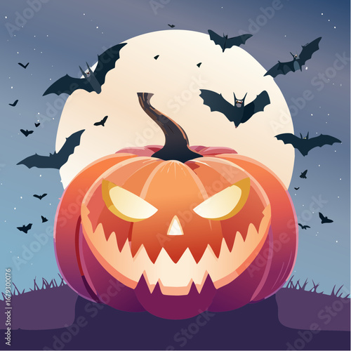 Spooky Halloween night scene with a glowing jack-o'-lantern, full moon, and flying bats.