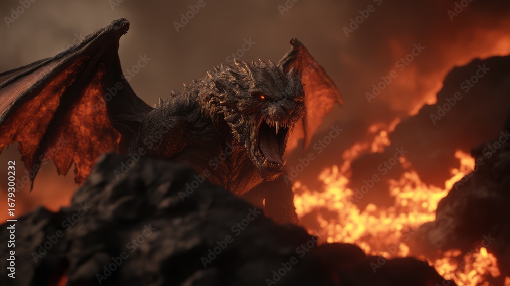 Obraz premium Fierce Fire-Breathing Dragon Roaring Amidst Lava in a Molten Landscape