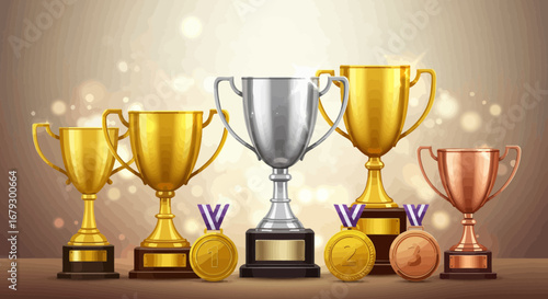 Collection of Gold, Silver, and Bronze Trophies and Medals Symbolizing Victory