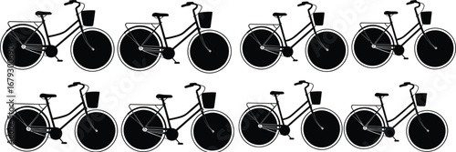 Bicycle silhouettes, front basket bike icons, cycling transport design, black and white outline, urban commuter vehicle, motion transformation concept, vector illustration set