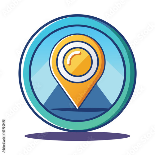 An isolated graphic of a coin with a location pin, representing local payments or geo-targeted financial services. Ideal for finding ATMs or banks nearby.