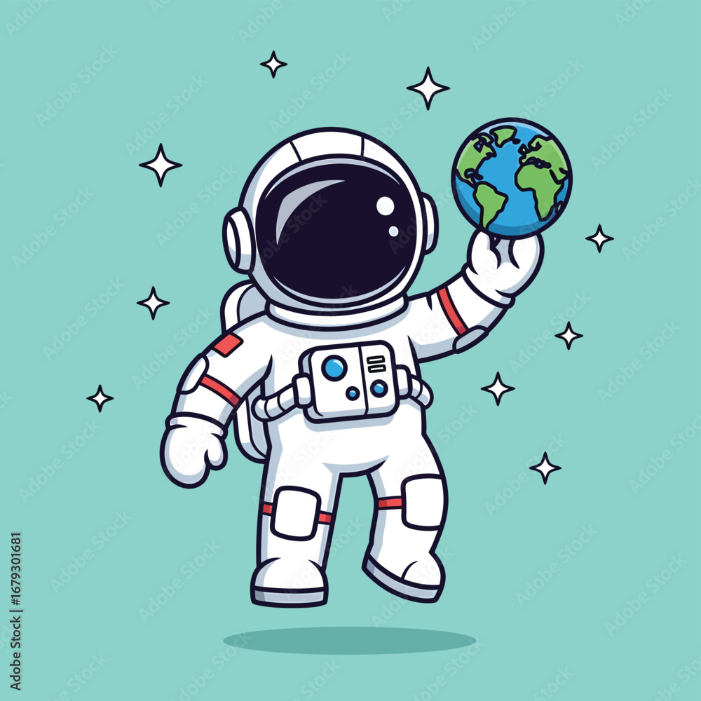 Fototapeta premium Joyful astronaut holding planet Earth, symbolizing exploration and global connection in a starry cosmos.