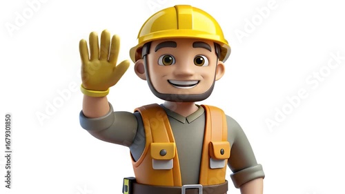 3D cartoon construction worker character with a yellow hard hat, orange safety vest, and gloves, smiling and waving hello.