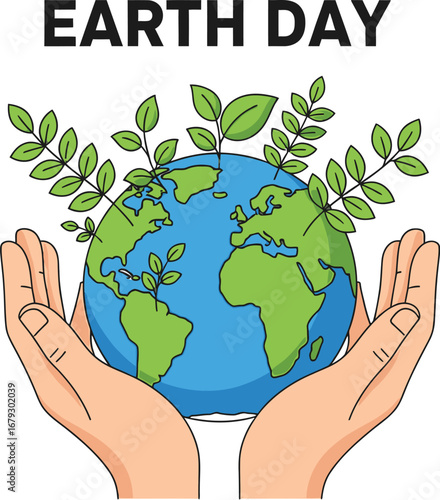 Earth day illustration with hands holding globe and green leaves