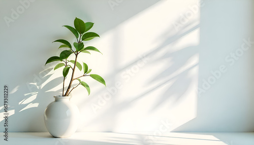 Indoor plant in white vase casting shadows on a white wall with sunlight shining through window in the room