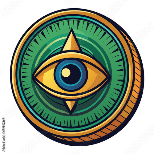 An isolated graphic of a coin with an eye, symbolizing financial monitoring, watching investments, or surveillance. A unique icon for financial security or observation.