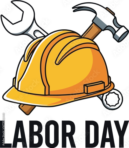 Celebrate labor day with a construction helmet, wrench, and hammer to honor hard work of laborers