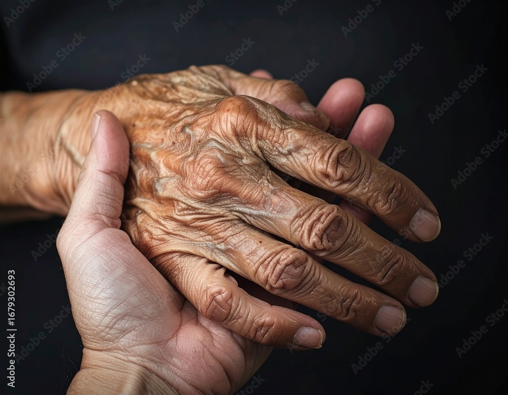 Fototapeta premium Caring nurse holding arthritic senior patient's hand in hospice for support and comfort