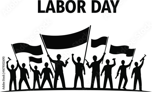 Labor day illustration with people holding flags and protesting