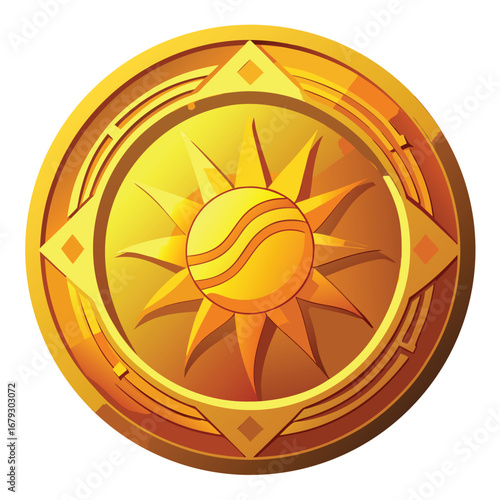 An isolated graphic of a coin with a sun, symbolizing sunny financial outlooks, savings for vacation, or growth. A positive and optimistic financial symbol.