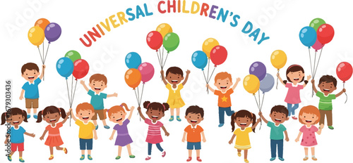 Group of happy children celebrating Universal Children's Day with balloons