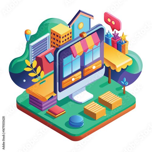 An isolated graphic of a computer screen displaying a shopping cart, symbolizing online shopping and e-commerce. A key icon for websites, digital marketplaces, and online retail.