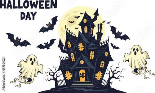 Illustration of a haunted house with ghosts and bats for halloween day, spooky and festive
