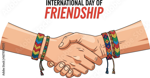 Illustration of a handshake with colorful wristbands for the International Day of friendship