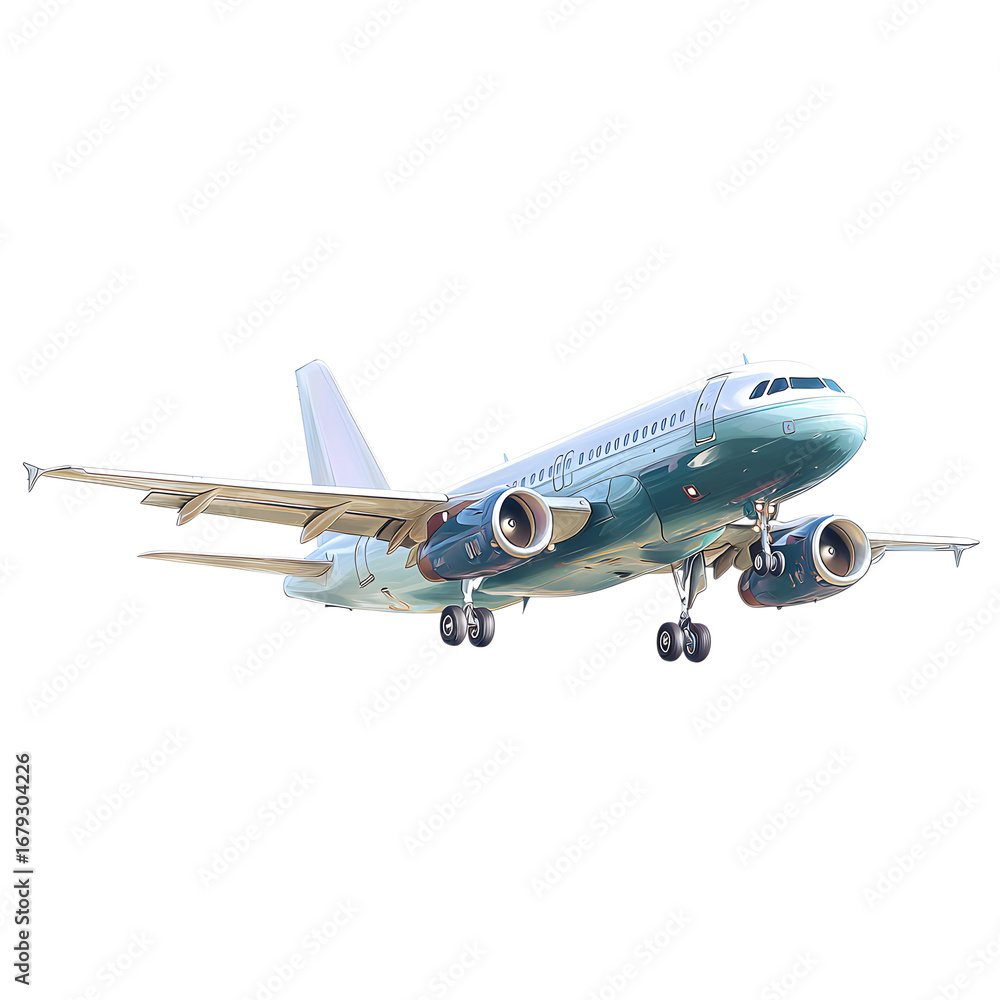 Fototapeta premium Passenger airplane in flight, isolated on transparent background