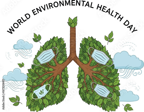 World environmental health day with lungs shaped like a tree with leaves and masks