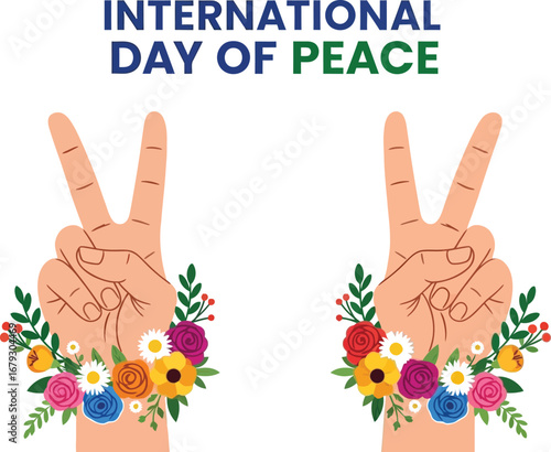 International day of peace with two hands showing peace sign decorated with flowers