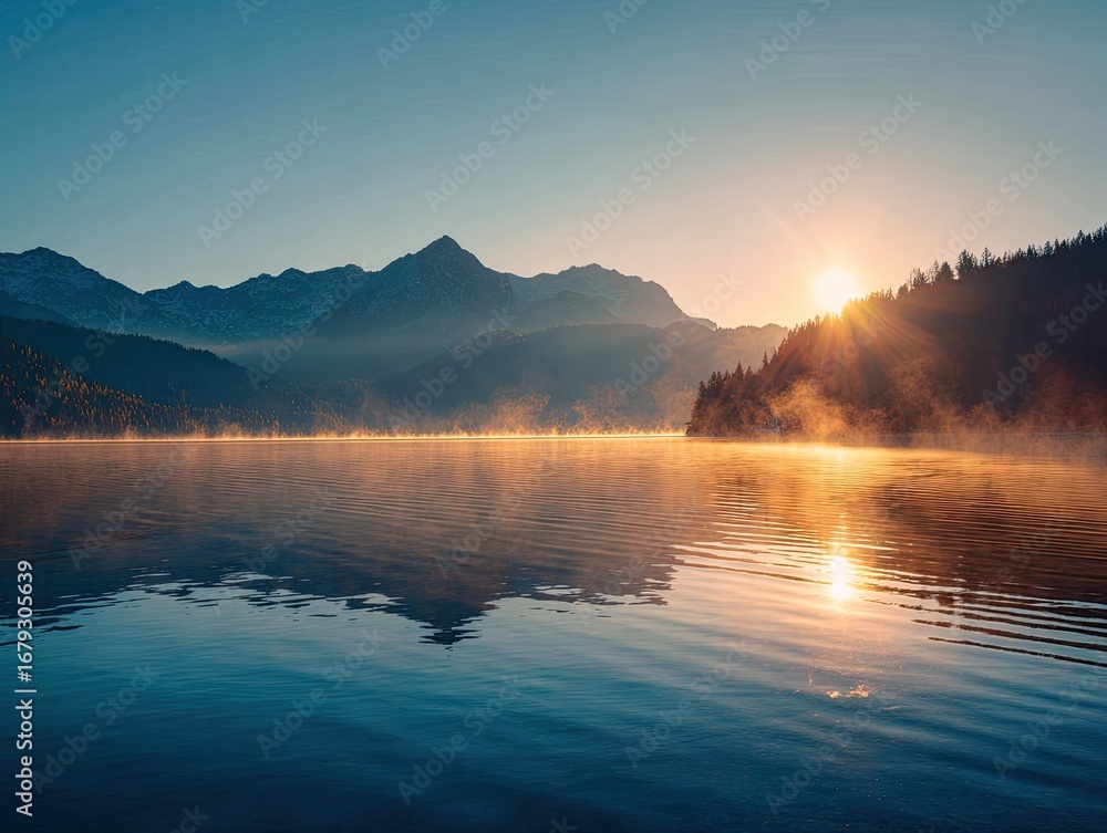 Fototapeta premium Sunrise over a serene lake reflecting the mountains