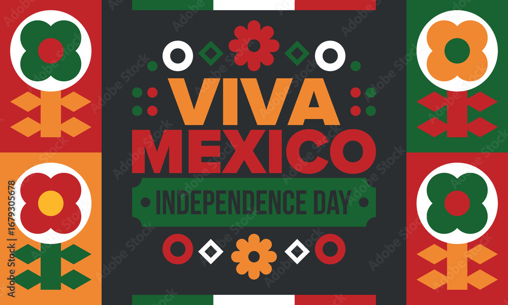 Naklejka premium Viva Mexico. Mexican Independence Day. Happy holiday. Celebrate annual in September 16. Freedom day. Patriotic mexican design. Poster, card, banner, template, background. Vector illustration