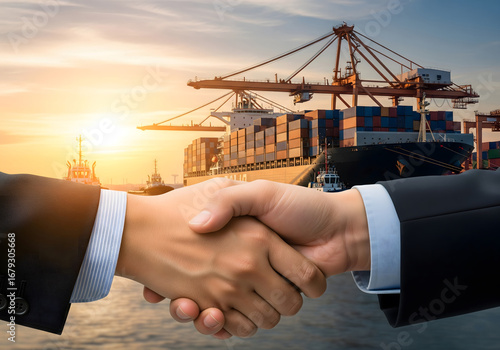 Business Agreement at Port with Container Ship in Background
