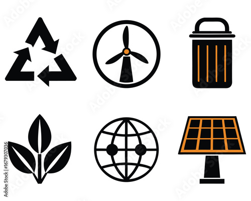 Set of ecology and green energy icons including recycling, wind, solar power