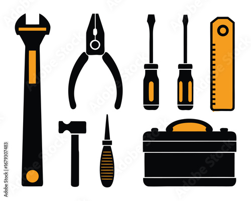 Vector Graphic of Hand Tools: Adjustable Wrench, Pliers, Screwdrivers, Hammer, and Toolbox