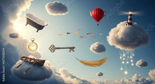 Surreal dreamscape with various symbolic objects floating among clouds in a bright blue sky with sunlight.