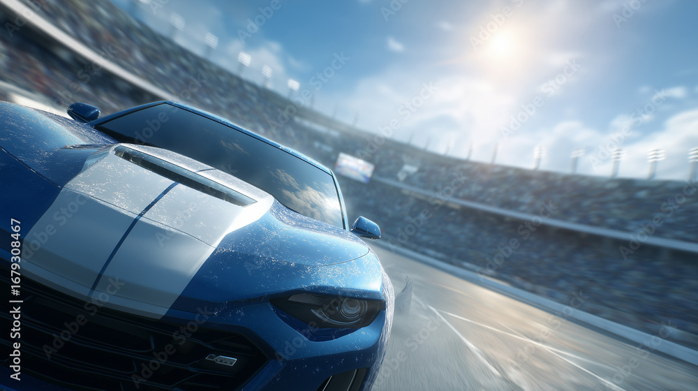 Fototapeta premium A mechanic polishes a car’s hood in a pit lane with rags wiping chrome reflecting pit lights teammates rushing past and a crowd chanting in the distance rendered in a shiny pho
