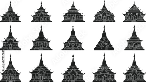 Traditional Asian temples collection, pagoda architecture, cultural heritage buildings, ancient religious structures, intricate temple designs, historic sacred monuments, Asian landmarks