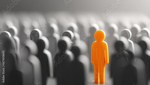 A single orange figure amidst a sea of grey