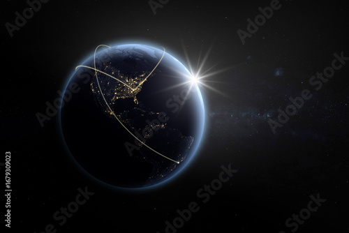 Earth at night from space with light lines of communication, connection or travel. Global communications system and the World Wide Web.