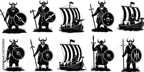 Viking warriors and ships illustration set, Norse mythology, medieval Scandinavian culture, ancient warriors, historical battle icons, vector silhouettes