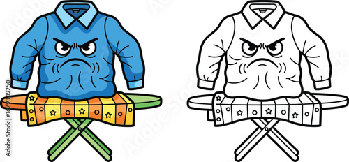 Angry Wrinkled Shirt on Ironing Board Cartoon - Humorous Illustration of Laundry Frustration