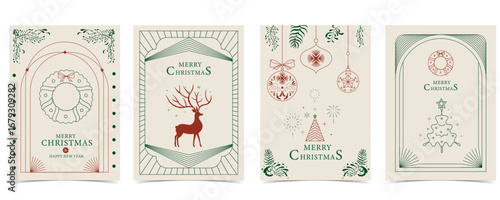 Minimal art deco with christmas tree, reindeer,wreath outline.vector illustration for Christmas party invitation card, postcard, menu ,print, social media template