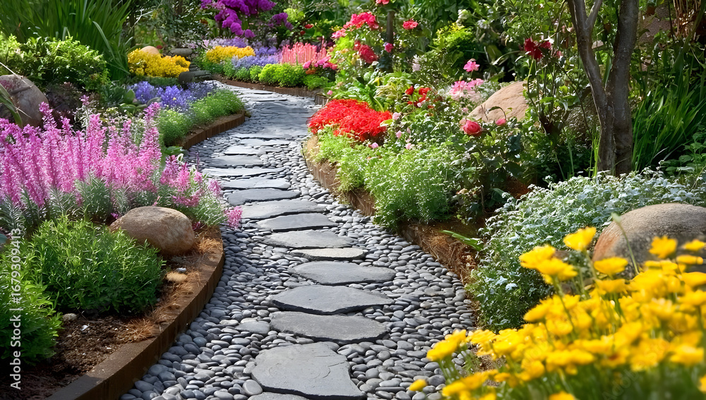 Obraz premium A vibrant garden pathway adorned with colorful flowers and lush greenery. Perfect for adding a touch of nature and tranquility to any project.