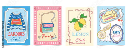 Vintage pastel sardine sweater, woman bag, lemon and seafood menu poster set in retro cartoon vector illustration style for summer party card invitation