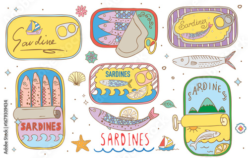Vintage pastel open canned sardines collection set in retro cartoon vector illustration style for summer party fashion design