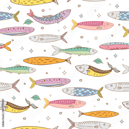 Vintage pastel sardines fish on white seamless pattern in retro cartoon vector illustration style for Italian wallpaper design
