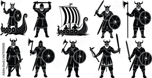 Viking warriors with weapons and ships, Norse ancient seafarers, medieval battle fighters, historical illustrations, Scandinavian culture, vector silhouettes