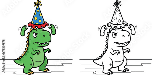 Grumpy Green Cartoon Dinosaur Wearing a Party Hat, Ideal for Humorous Birthday Themes, Children's Entertainment, and Unexpected Celebration Graphics