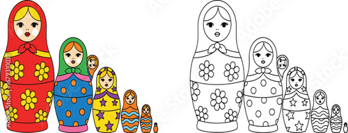 Charming Set of Russian Nesting Dolls (Matryoshka Dolls) in Vibrant Colors and Line Art, Representing Culture, Tradition, and Sequential Growth