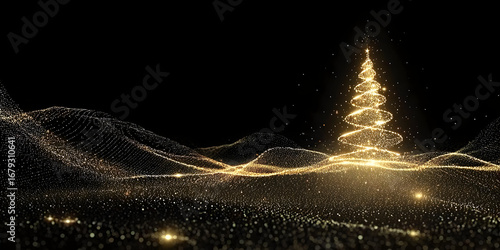 A stunning digital depiction of a glowing Christmas tree surrounded by shimmering particles, capturing the essence of festive magic and celebration.
