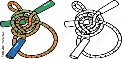 Detailed Diagram of a Complex Knot Tying Process in Color and Outline for Educational and Practical Use in Sailing, Climbing, and Crafts
